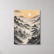 Een landschap van bergen met bomen en mist