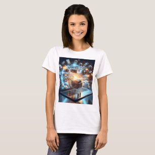 Een laptop met een winkelwagentje er bovenop t-shirt