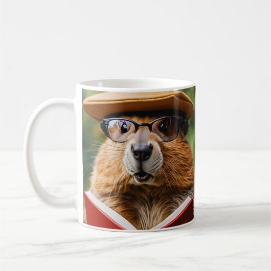 Een leergierige bever met een te grote bril koffiemok (Links)