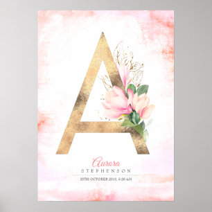Een Letter Monogram Gouden Bladeren Roze Magnolia Poster