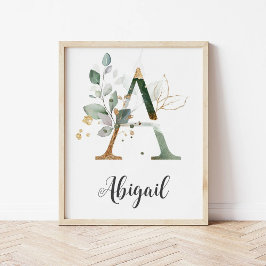 Een Letter Monogram Groene Nursery Naam Muurprint Poster