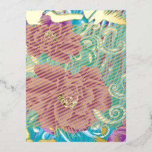 Een levendig textielontwerp met paars en turkoois folie uitnodiging briefkaart
