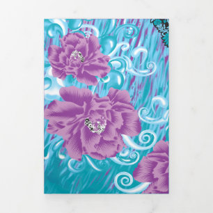 Een levendig textielontwerp met paars en turq drieluik uitnodiging