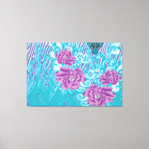 Een levendig textielontwerp met paarse en turq canvas afdruk