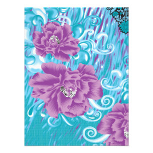 Een levendig textielontwerp met paarse en turq foto afdruk