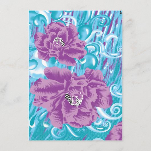 Een levendig textielontwerp met paarse en turq informatiekaartje (Achterkant)