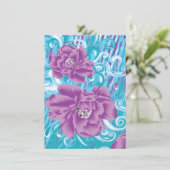 Een levendig textielontwerp met paarse en turq informatiekaartje (Staand voorkant)