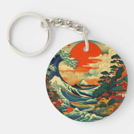 Een levendige, gestileerde ukiyo-e print sleutelhanger
