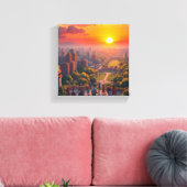 Een Levendige Zonsondergang Boven een Divers Stads Canvas Afdruk (Insitu (Woonkamer))