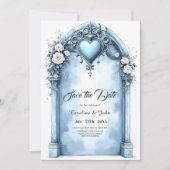 Een  lichtblauwe boog met florale accenten, save the date (Voorkant)