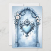 Een  lichtblauwe boog met florale accenten, save the date (Achterkant)