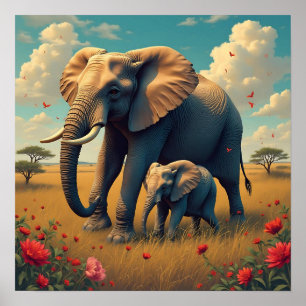 Een lieve sentimentele mama en Baby olifant Poster