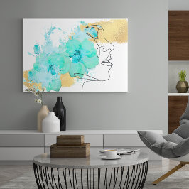 Een lijn gezicht kunst met blauwe bloemen vlekken  canvas afdruk