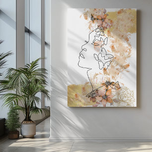 Een lijn gezicht kunst met perzik bloem vlekken go canvas afdruk