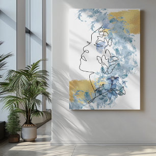 Een lijn zijkant gezicht blauwe bloemen vlinder op canvas afdruk