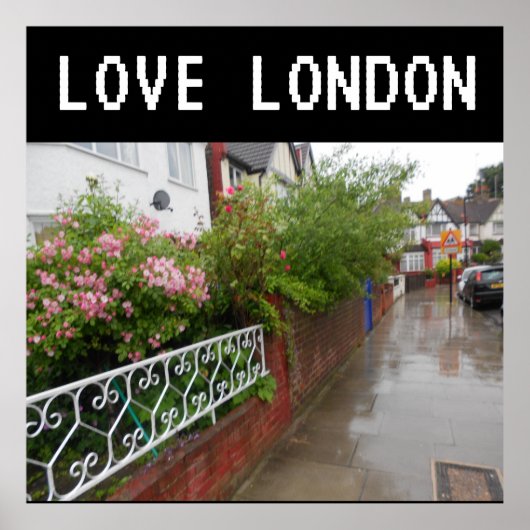 Een Londense straat en regen Engeland Poster (Voorkant)