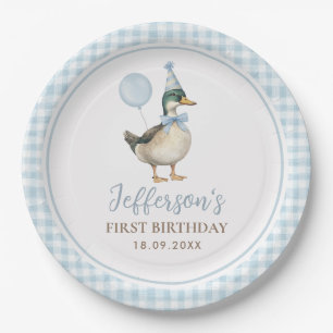 Een Lucky Duck Baby Blauwe Ballon 1e Verjaardag Papieren Bordje