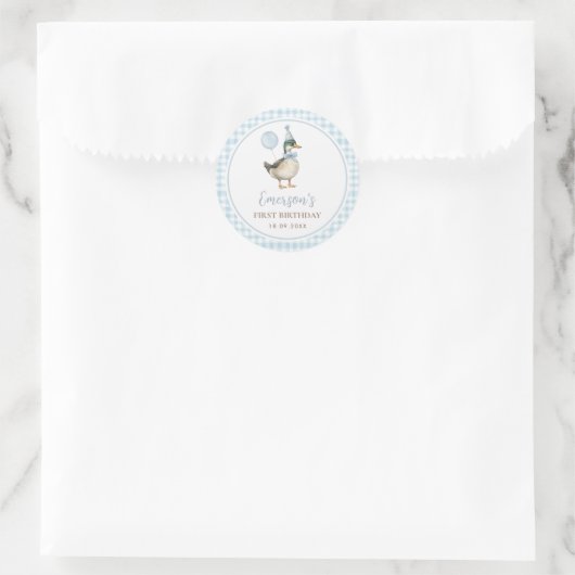 Een Lucky Duck Baby Blauwe Ballon 1e Verjaardag Ronde Sticker (Tas)