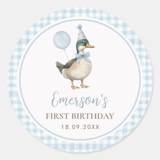 Een Lucky Duck Baby Blauwe Ballon 1e Verjaardag Ronde Sticker (Voorkant)