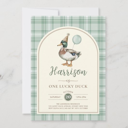 Een Lucky Duck Ballon Green Gingham 1e verjaardag Kaart (Voorkant)