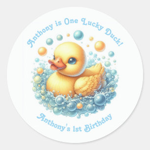 Eén Lucky Duck Eerste Verjaardagsfeestje Ronde Sticker