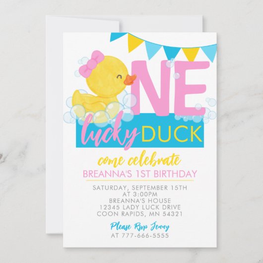 Een Lucky Duck Girl Rubber Duck 1e verjaardag Kaart (Voorkant)