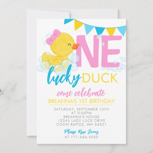 Een Lucky Duck Girl Rubber Duck 1e verjaardag Kaart (Voorkant)