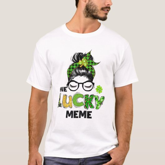 Eén Lucky Meme Messy Bun Leopard St Patrick's Day T-shirt (Voorkant)