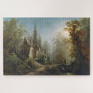 Een maanverlichte nacht boven een kapel en ruiters legpuzzel