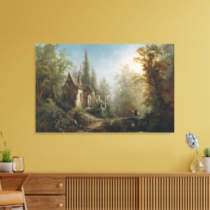Een maanverlichte nacht over een kapel en ruiters  canvas afdruk