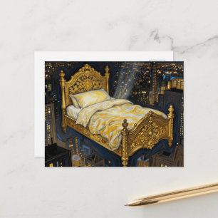 Een Magisch Bed Boven de Stad Fantasie Briefkaart