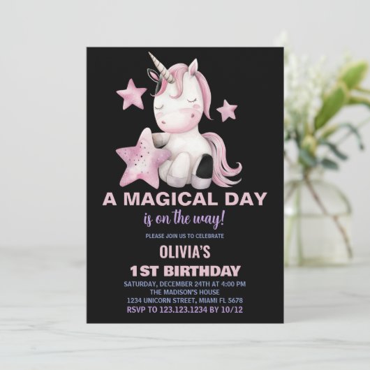 Een magische dag Unicorn verjaardagsuitnodigingen Kaart (Staand voorkant)