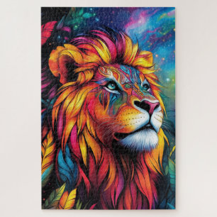 Een majestueuze leeuw met een neon manen die gloei legpuzzel
