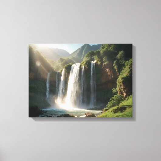 Een majestueuze waterval omringd door groen canvas afdruk (Voorkant)