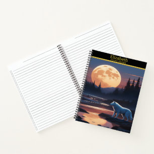 Een majestueuze wolf die bij volle maan in de sche notitieboek