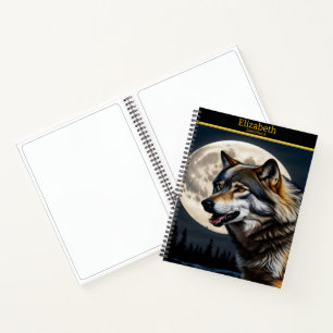 Een majestueuze wolf huilt bij de lichtgevende maa notitieboek