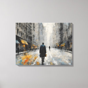 Een man loopt op de straat van de stad. canvas afdruk