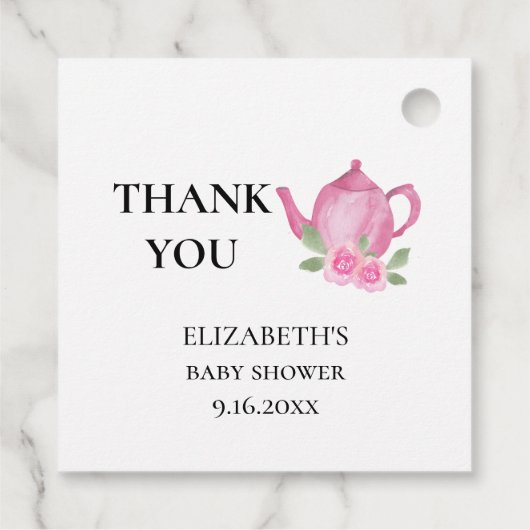 Een meisje brouwt roze theepot bloemenkrans bedankjes labels (Achterkant)