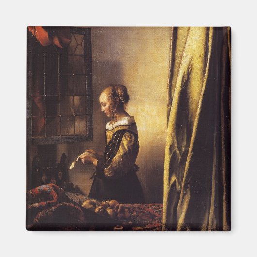 Een meisje dat een brief leest bij een open raam magneet (Voorkant)