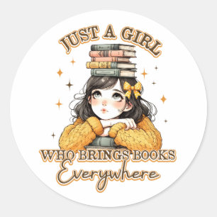 Een meisje dat overal boeken meeneemt ronde sticker