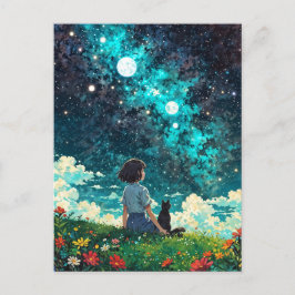 Een meisje en haar kat zitten samen op een bloemen briefkaart