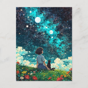 Een meisje en haar kat zitten samen op een bloemen briefkaart