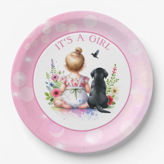 Een meisje en haar puppy | Het is een meisje Papieren Bordje (Voorkant)