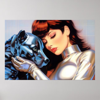 Een meisje en haar robot hond airbrush kunst poster