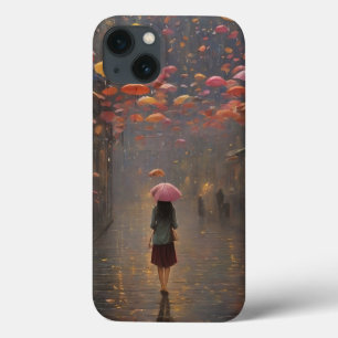 Een meisje in een regenscène iPhone 13 hoesje