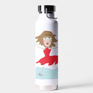 een meisje in een rode jurk fles blij springerig