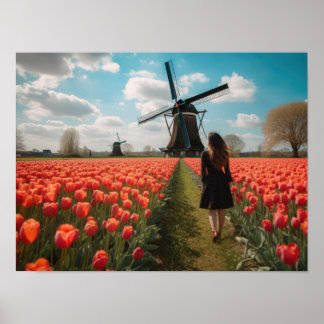 Een meisje in een tulpenveld poster