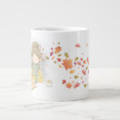 Een meisje met een beker thee en vliegende bladere extra grote beker (Voorkant)