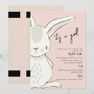Een meisje met een konijnenroze Baby shower Invita Kaart