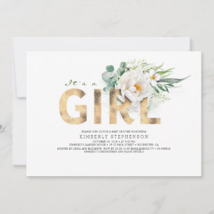 Een meisje met Floral Gold Typografie-Baby shower Kaart